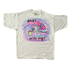 Vintage Custom Airbrushed T Shirt - Flying Stork with Baby "Baby on the Way" XL